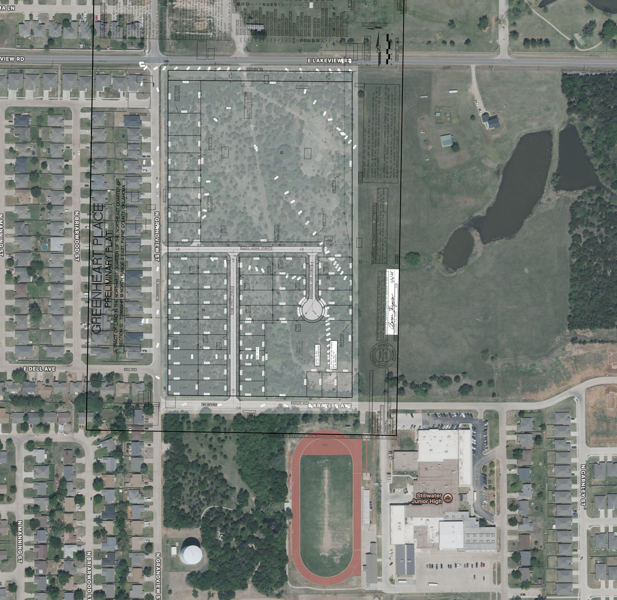 The plat overlaid on a satellite map showing surrounding neighborhoods and Jr. High School