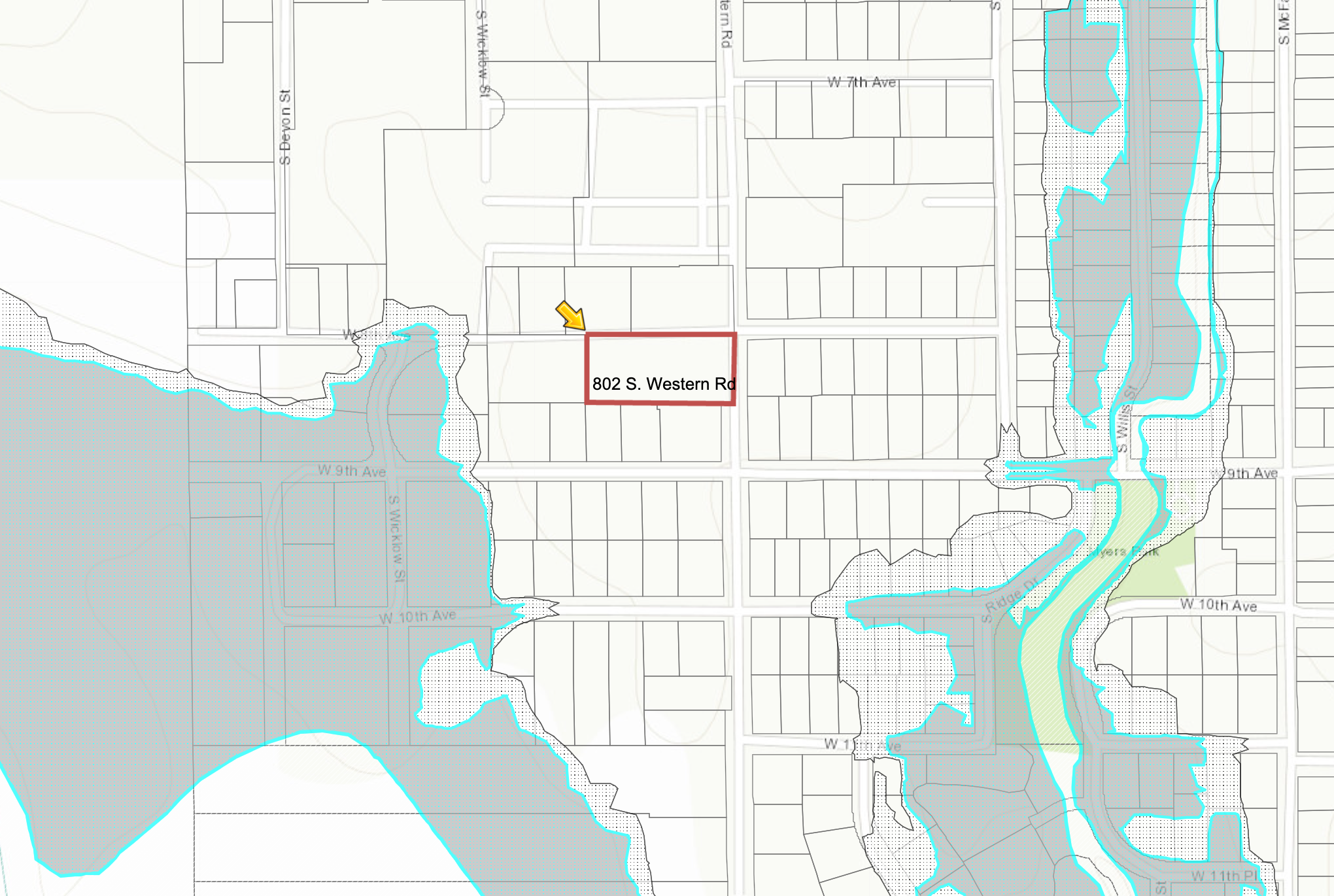 FEMA floodplain map showing 100-year and 500-year flood zones near 802 S Western Road in Stillwater