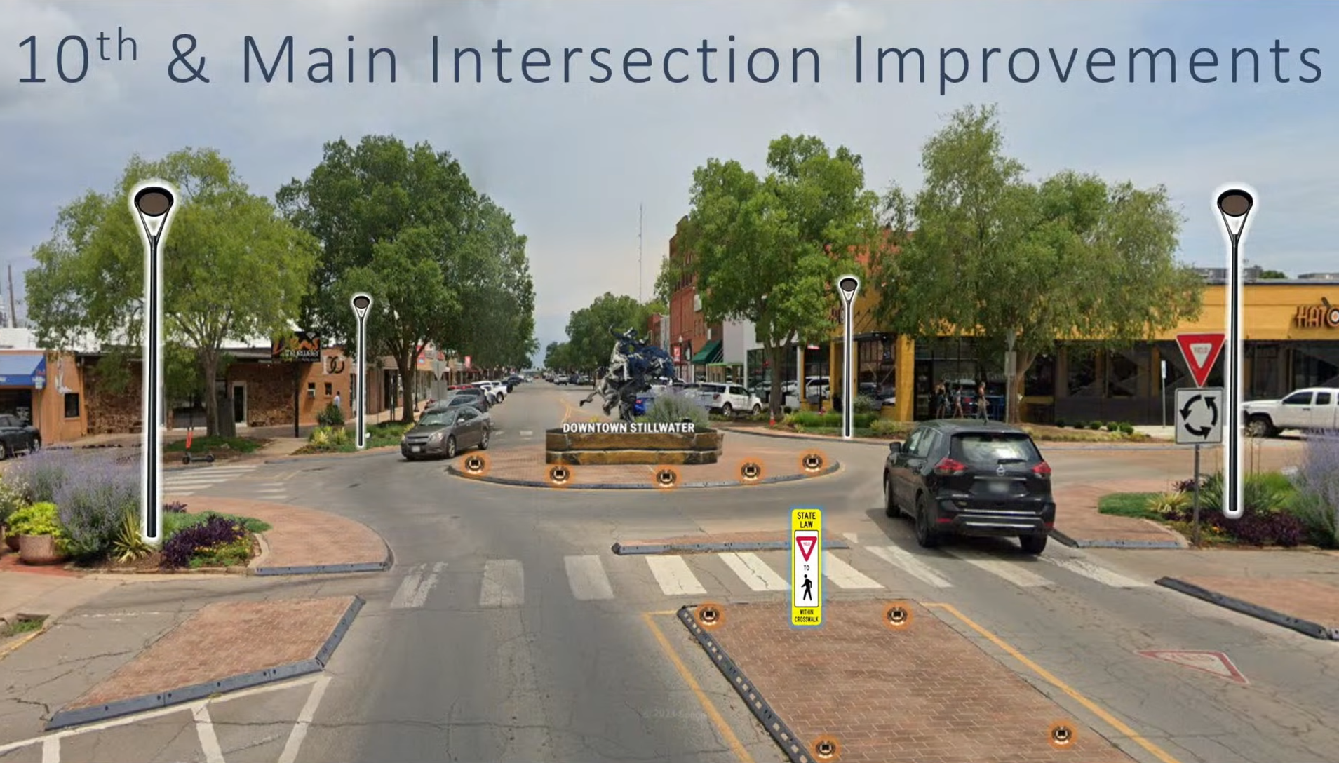 Street view rendering of 10th and Main roundabout showing statue centerpiece, LED pavement markers, pedestrian signs and lighting improvements for downtown Stillwater intersection.