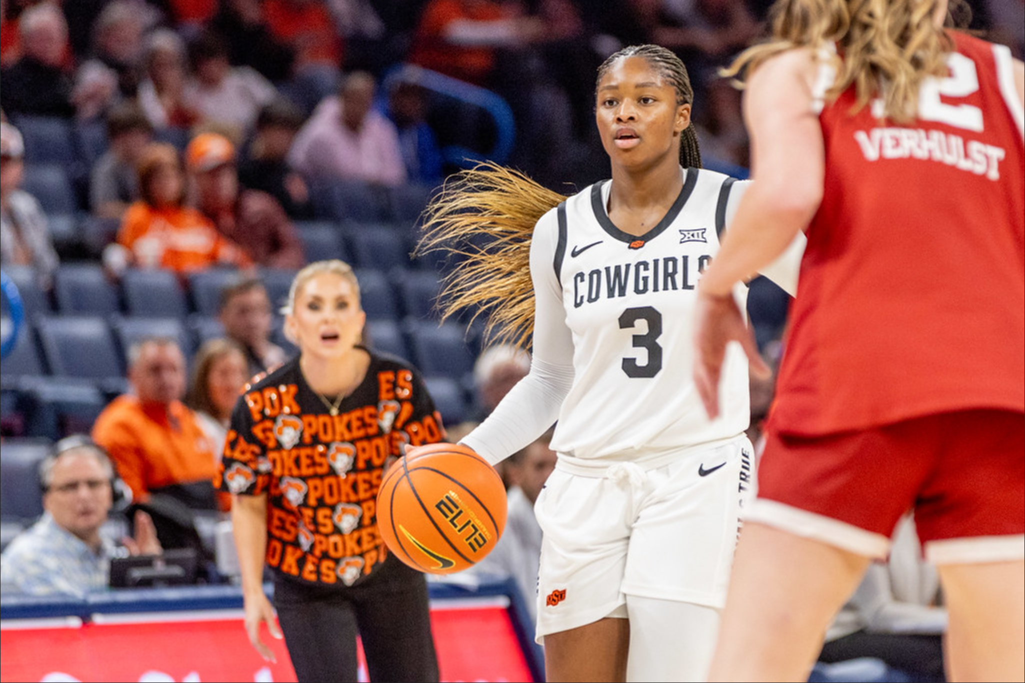  Oklahoma State guard Micah Gray (3) brings the ball up the court during the Cowgirls' game against Oklahoma on December 13, 2025 at Paycom Arena.