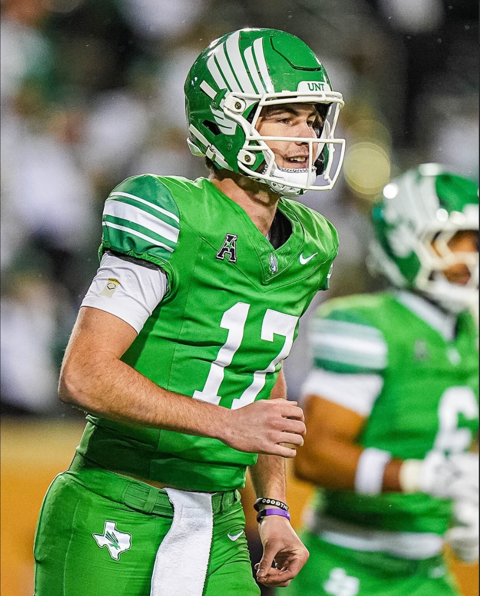 North Texas quarterback Drew Mestemaker (17) in green Mean Green uniform during 2025 season, nation's leading passer with 4,129 yards
