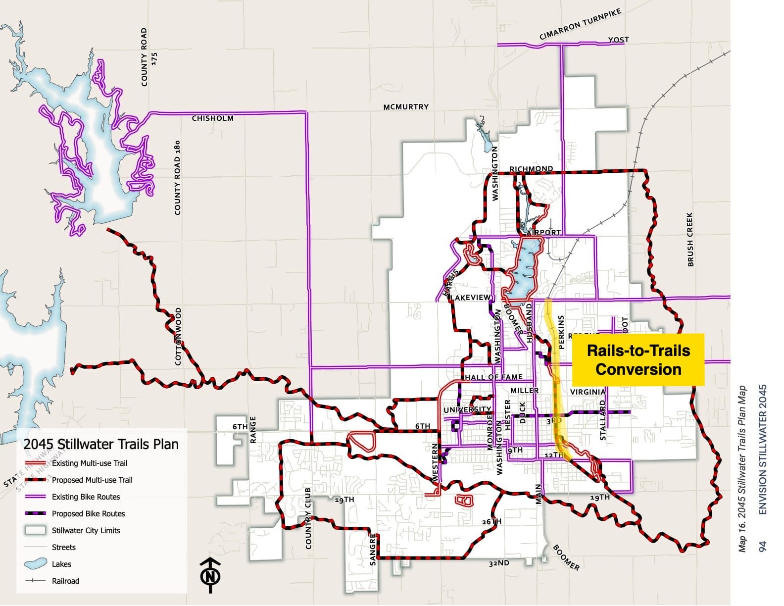 Stillwater trails plan map showing existing trails in red, proposed trails in red and black dashes, with yellow highlighting indicating Rails-to-Trails conversion area.
