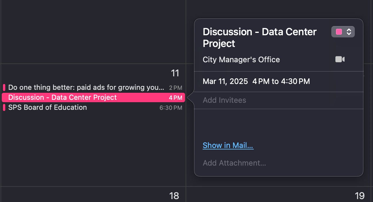 Screenshot of a digital calendar showing March 11, 2025 with a highlighted event titled "Discussion - Data Center Project" at the City Manager's Office from 4 PM to 4:30 PM.