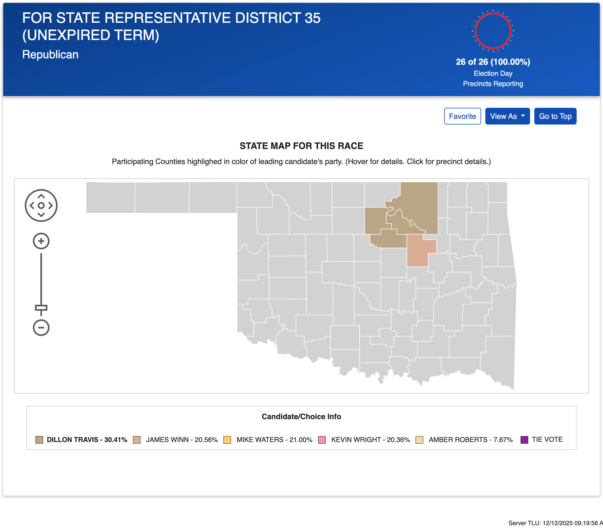 Oklahoma map showing HD 35 Republican primary results by county. Travis (brown) won 4 counties, Winn (peach) won Creek County. Legend shows all 5 candidates' percentages.