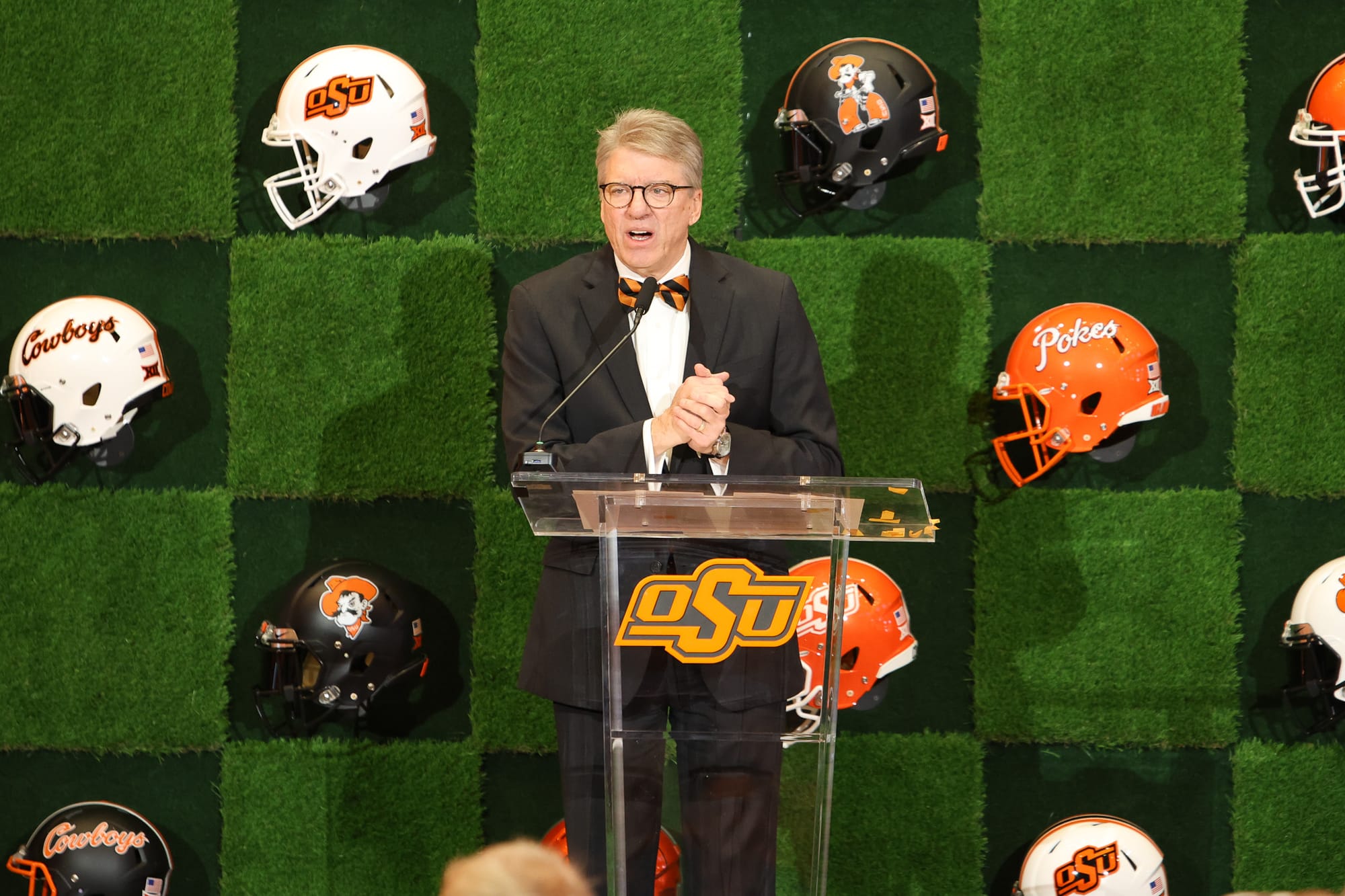 Oklahoma State president Jim Hess speaks at Eric Morris introductory press conference at OSU Alumni Center in Stillwater