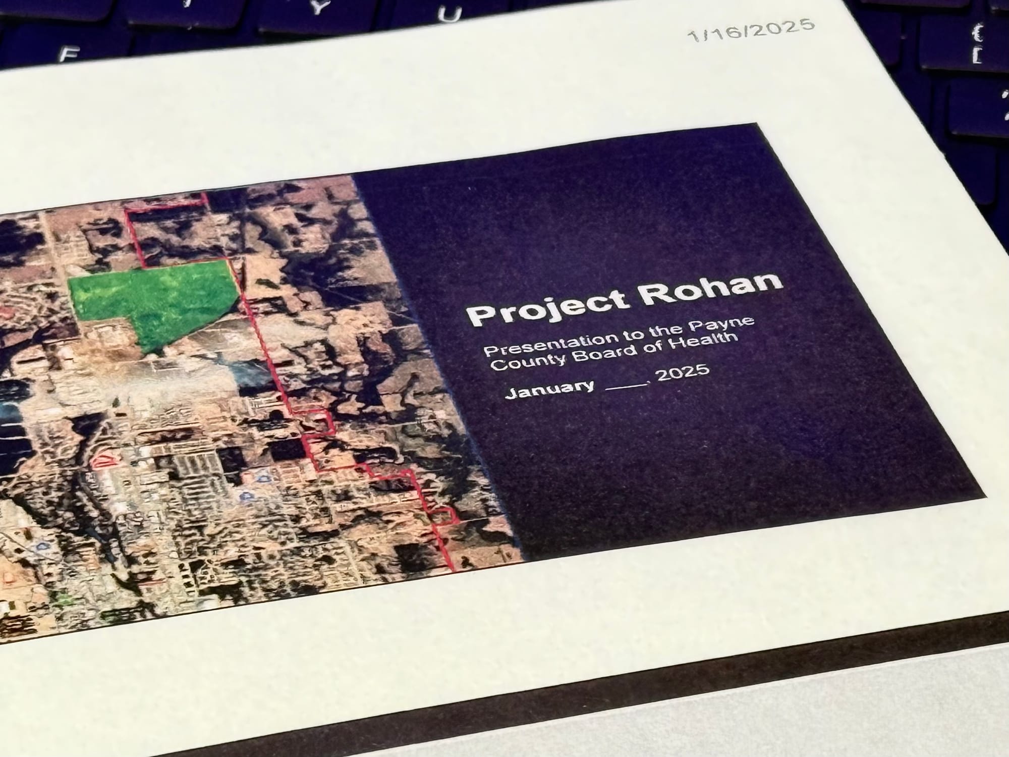 Project Rohan presentation cover page showing aerial map of the data center site highlighted in green, labeled "Presentation to the Payne County Board of Health, January 2025."