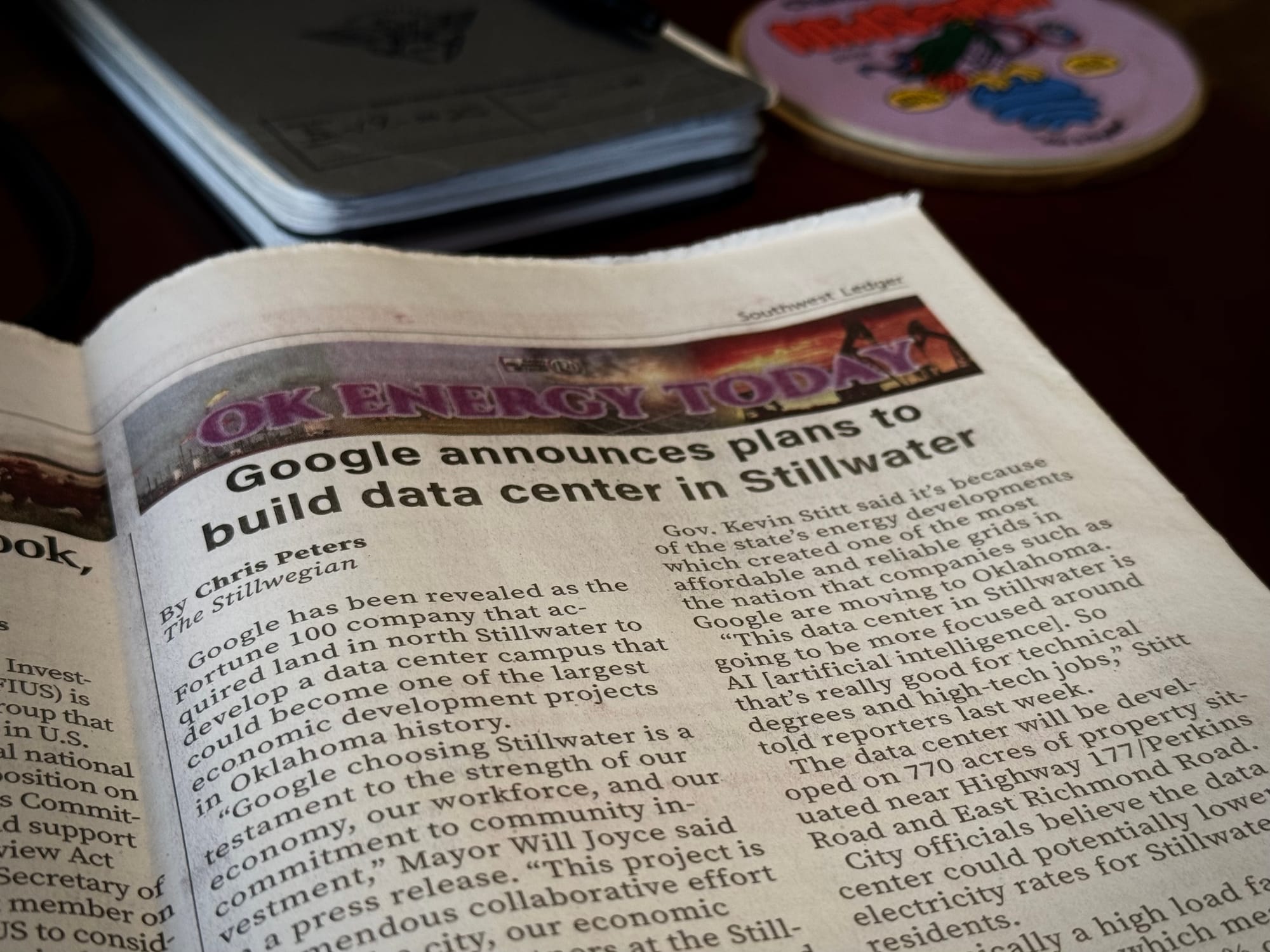 Southwest Ledger newspaper displaying the headline "Google announces plans to build data center in Stillwater" with the byline "By Chris Peters, The Stillwegian."
