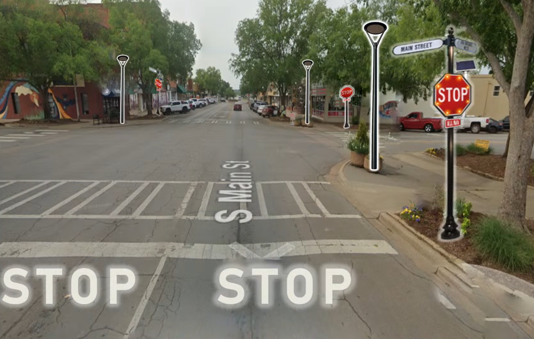 Street-level rendering of Main Street four-way stop showing LED stop signs on decorative pedestals, streetlights and stop pavement markings at downtown Stillwater intersection.