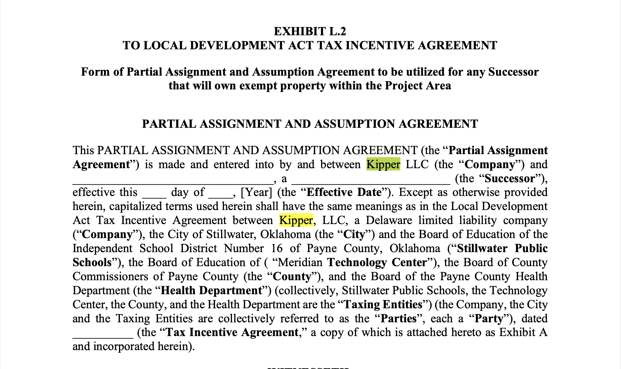 Legal document showing tax incentive agreement with Kipper LLC highlighted, listing all local taxing entities as parties to the deal.