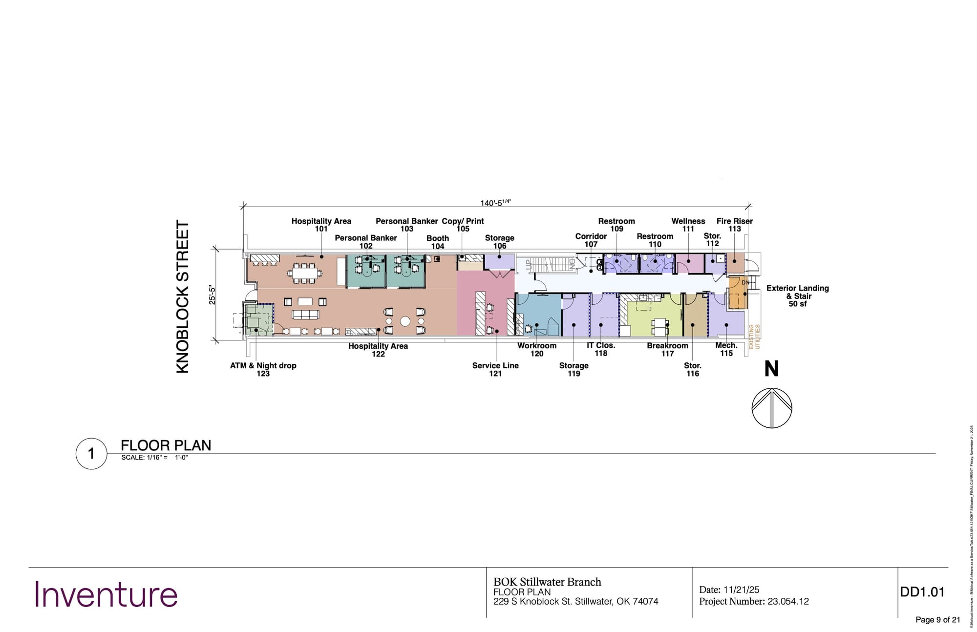 Architectural floor plan of Bank of Oklahoma branch showing hospitality areas, personal banker offices, restrooms, and ATM location on Knoblock Street side
