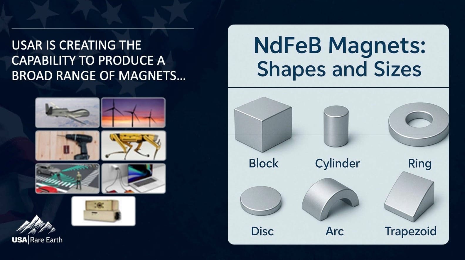 Various shapes of rare earth magnets USA Rare Earth plans to manufacture at its Stillwater facility.