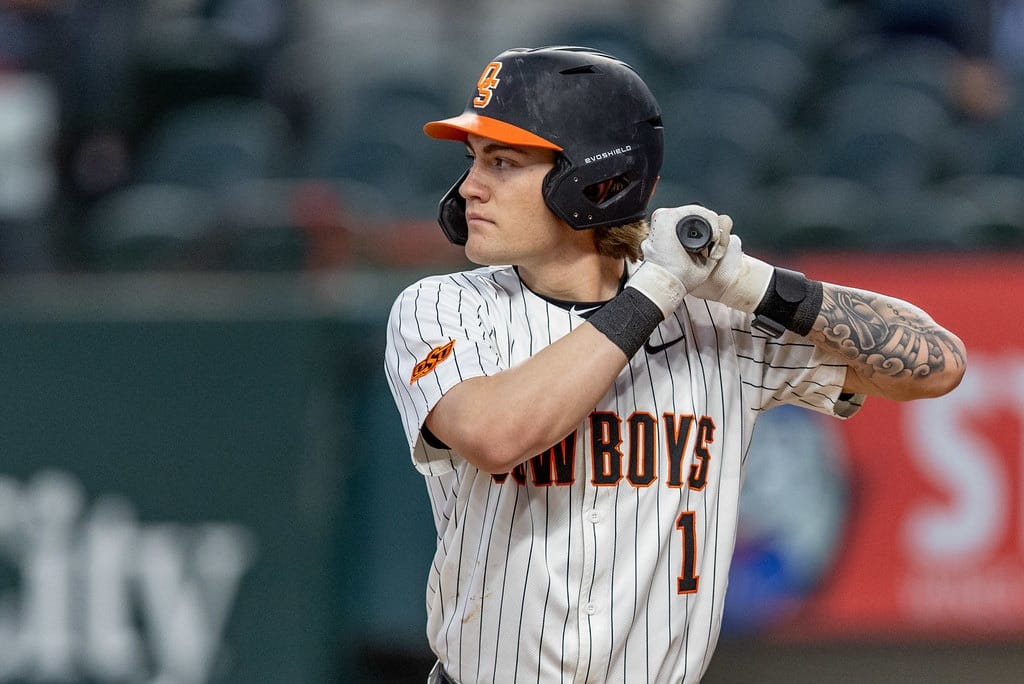 Oklahoma State second baseman Brock Thompson stands on base against Vanderbilt at Globe Life Field.