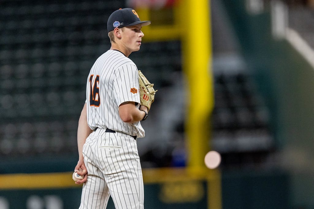 Oklahoma State pitcher Ethan Lund throws during Cowboys' 11-1 victory over Vanderbilt at Globe Life Field.
