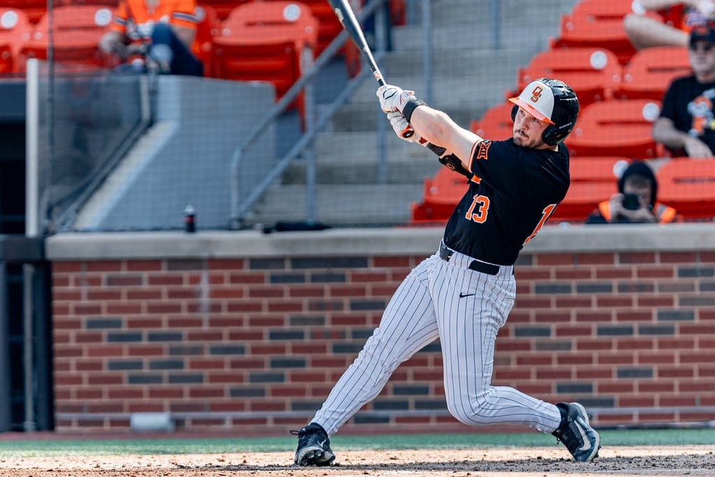Oklahoma State center fielder Kollin Ritchie (13) swings during the Cowboys' 20-0 shutout of Sam Houston State at O'Brate Stadium, Feb. 28, 2026.