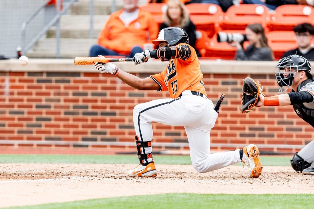 OSU freshman Ezra Essex (17) squares to bunt against Sam Houston State on March 1, 2026, at O'Brate Stadium in Stillwater during the Cowboys' 1-0 series-clinching win.