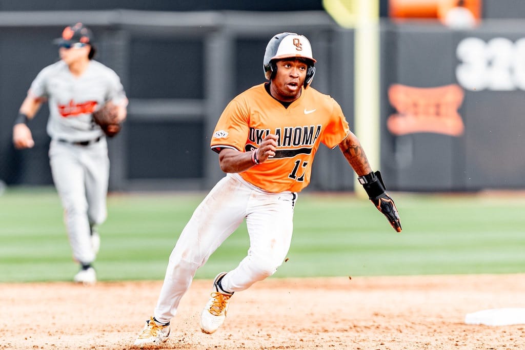 OSU freshman Ezra Essex rounds third base heading home during the Cowboys' 1-0 win over Sam Houston State on March 1, 2026, at O'Brate Stadium in Stillwater.
