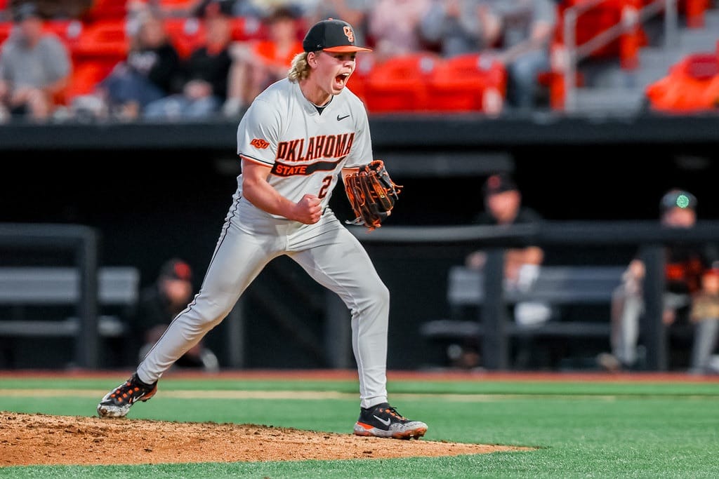 OSU pitcher Noah Wech (26) reacts after a strikeout during the Cowboys' Feb. 27, 2026 game against Sam Houston State at O'Brate Stadium in Stillwater.