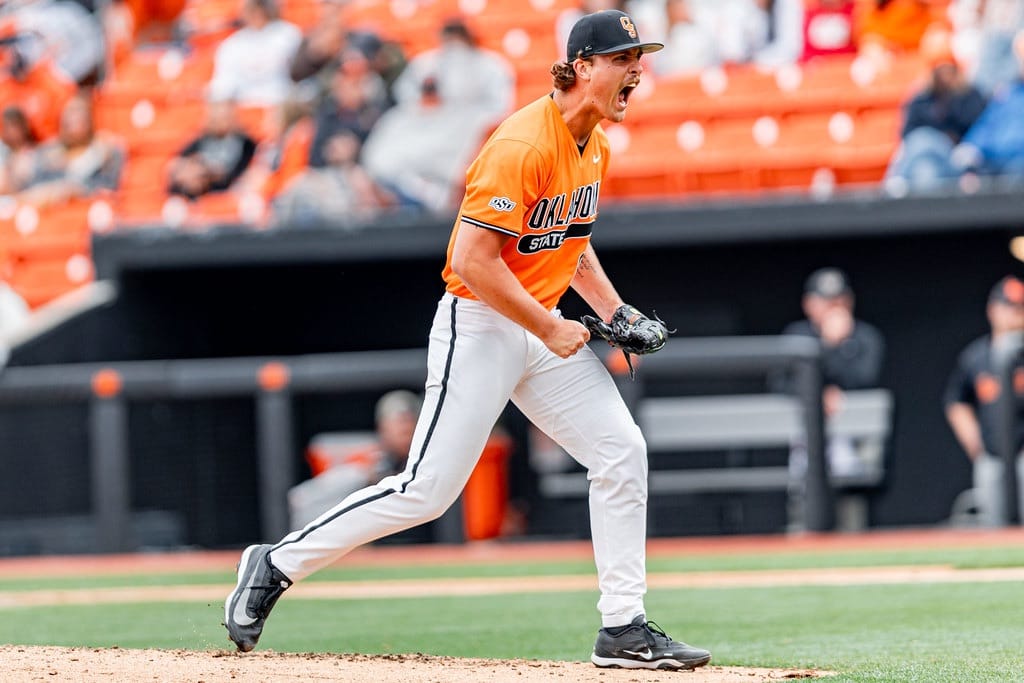 OSU pitcher Mario Pesca (66) reacts after a strikeout during the Cowboys' 1-0 win over Sam Houston State on March 1, 2026, at O'Brate Stadium in Stillwater.