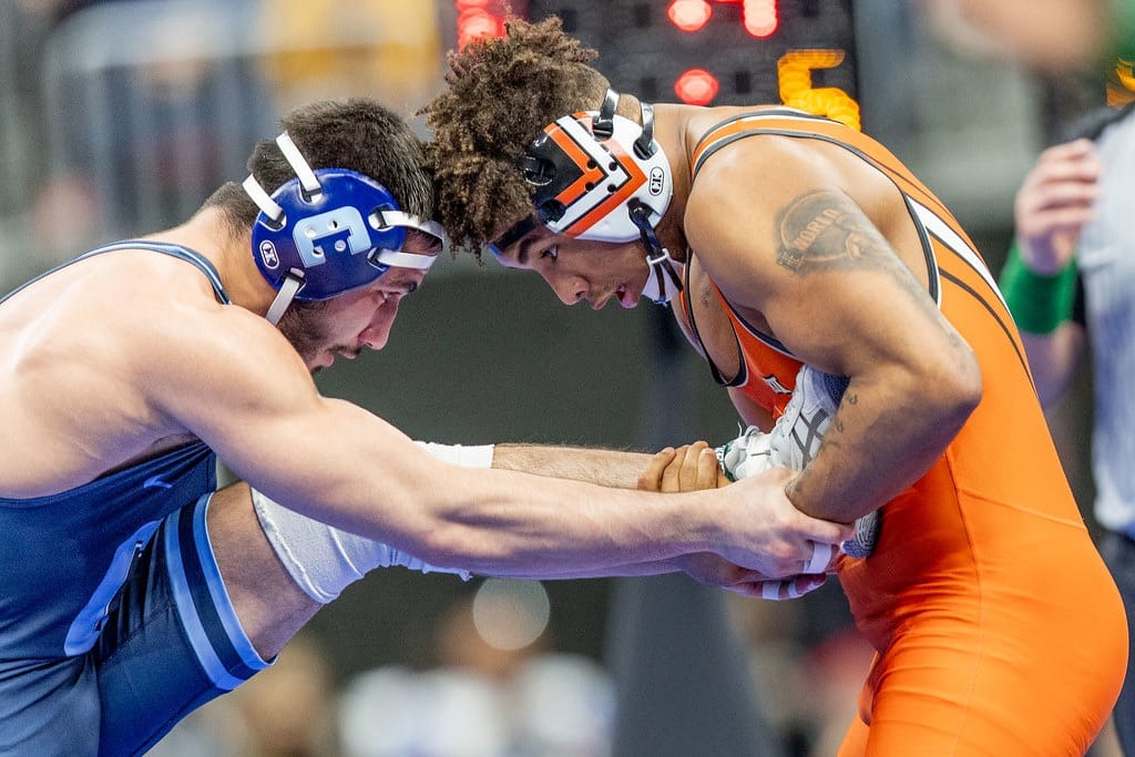 Oklahoma State's LaDarion Lockett wrestles Columbia's Cesar Alvan in the 165-pound second round of the 2026 NCAA Wrestling Championships in Cleveland.