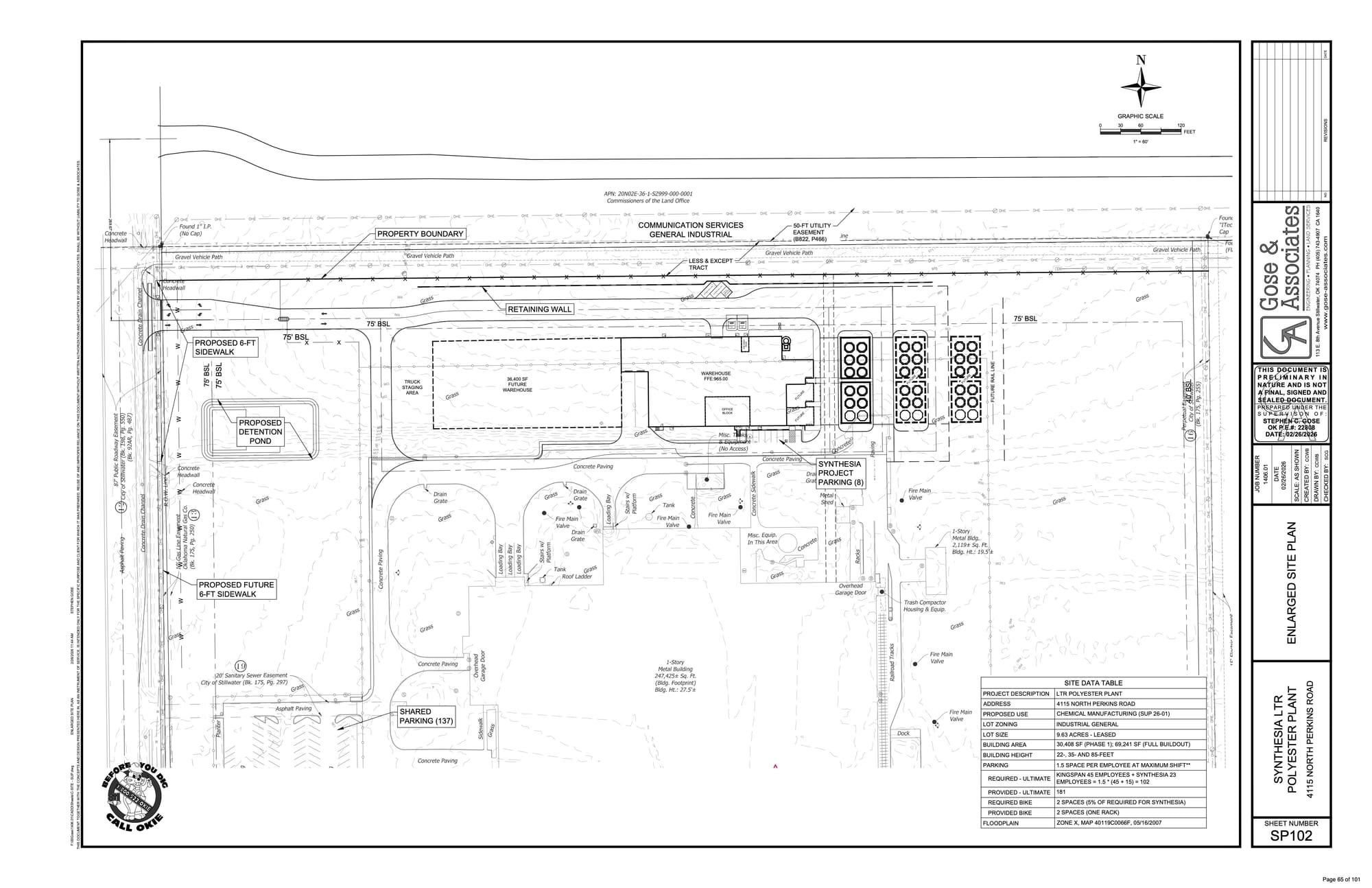 Site plan for the Synthesia Technology facility at 4115 N. Perkins Road showing warehouse, reactor towers, shared parking lot, and proposed 6-foot sidewalk along Perkins Road. 