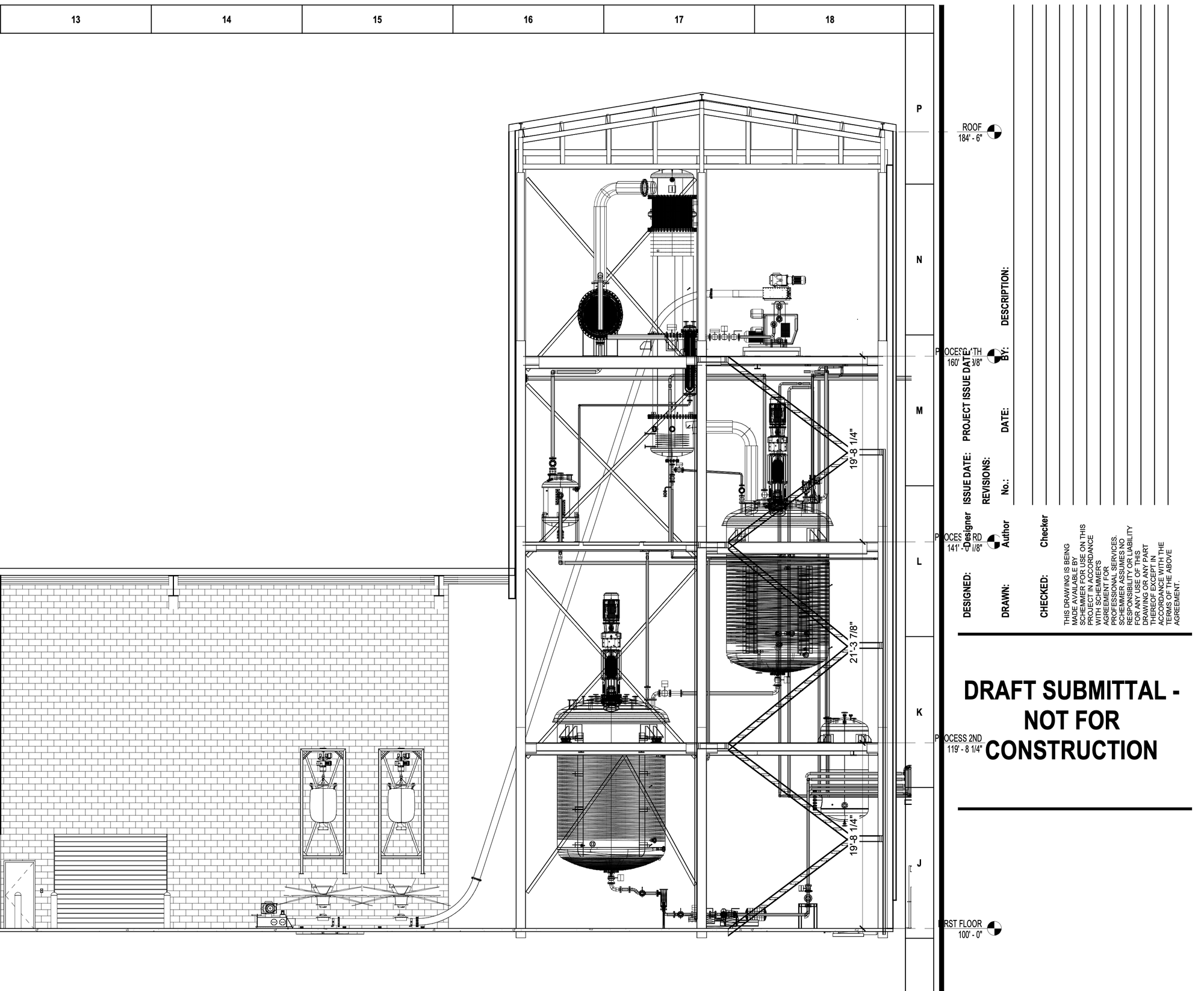 Cross-section architectural schematic of the Synthesia Technology reactor tower interior, showing multiple levels of industrial process vessels and piping within the enclosed structure.