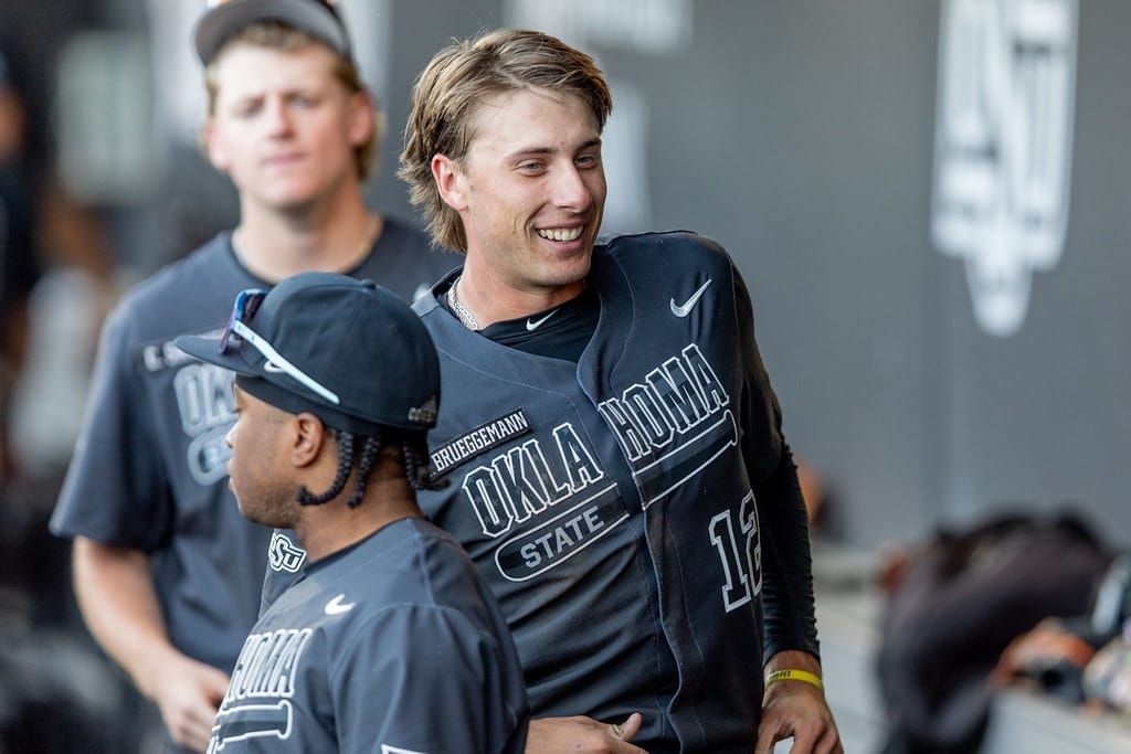 OSU first baseman Colin Brueggemann (12) in the dugout during a 10-9 loss to Oral Roberts, Tuesday, April 7, 2026, at O'Brate Stadium in Stillwater.