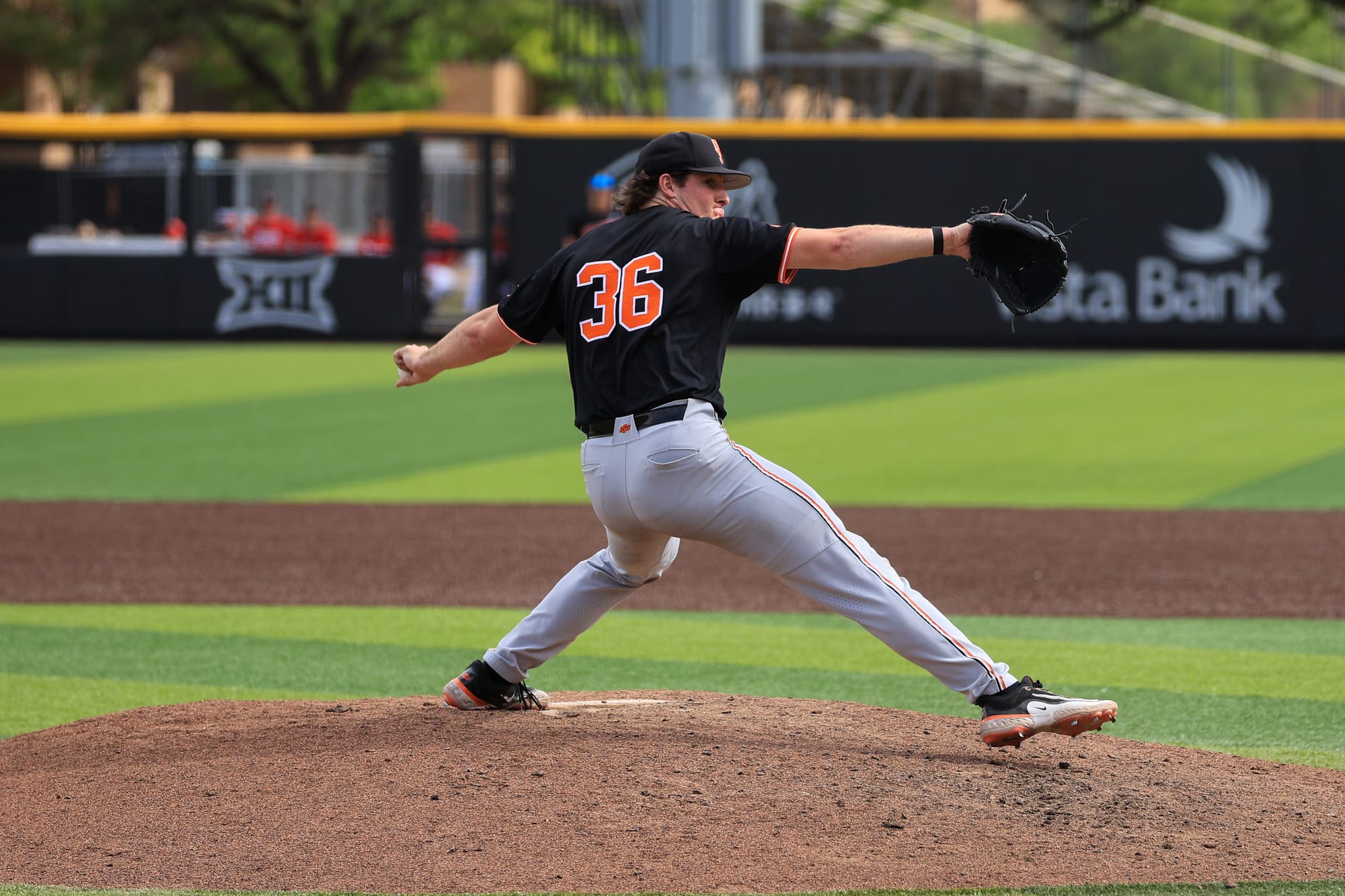 State pitcher Hudson Barrett delivers a pitch at Rip Griffin Park during OSU's 9-8 win over Texas Tech in Lubbock, Texas Saturday, April 25, 2026. 