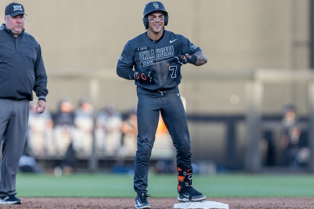 OSU second baseman Avery Ortiz (7) stands on second base after a double against Oral Roberts, Tuesday, April 7, 2026, at O'Brate Stadium in Stillwater.