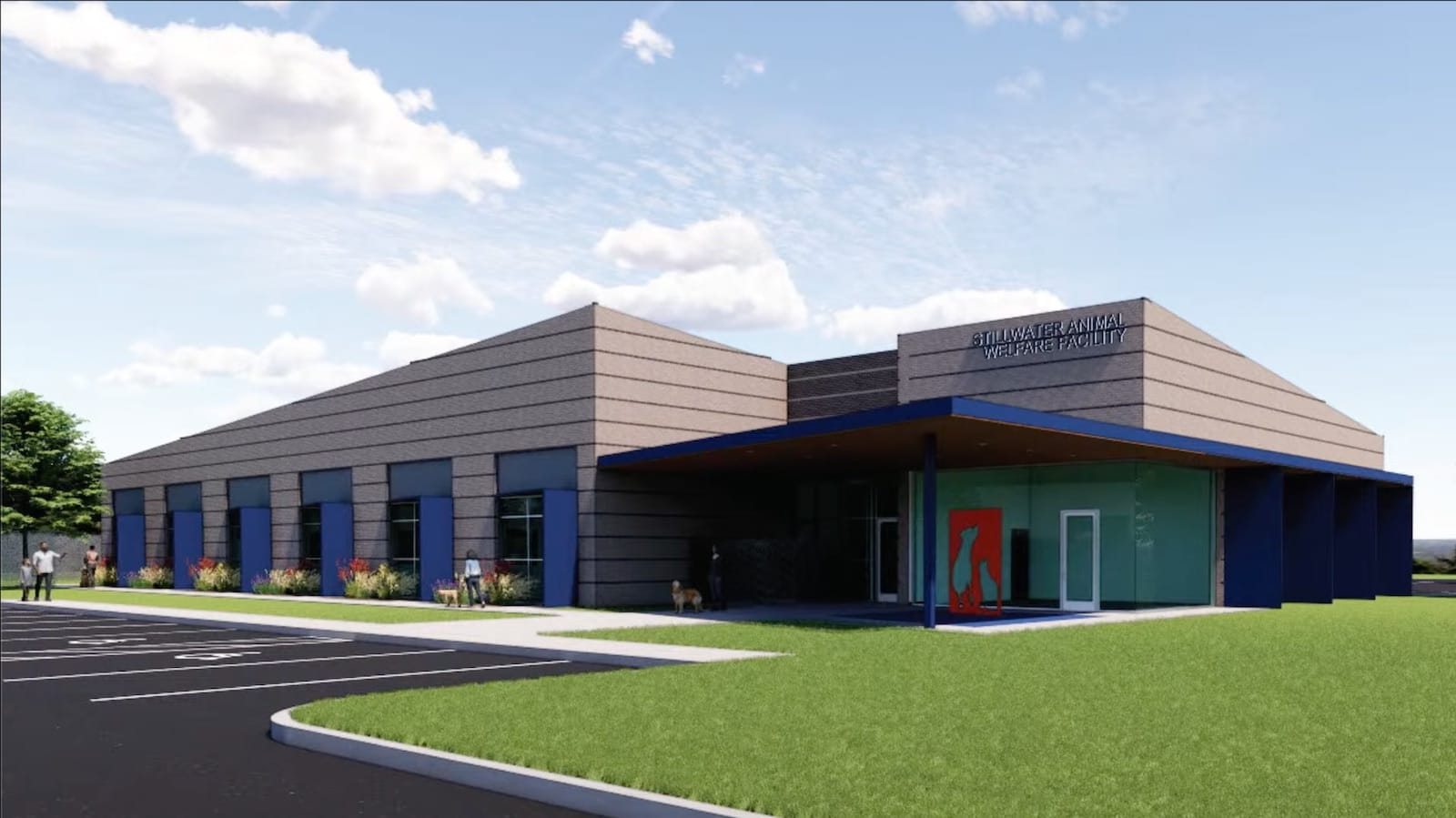 Architectural rendering of the planned Stillwater Animal Welfare Facility, a single-story building with blue and tan exterior panels and a covered entry canopy.
