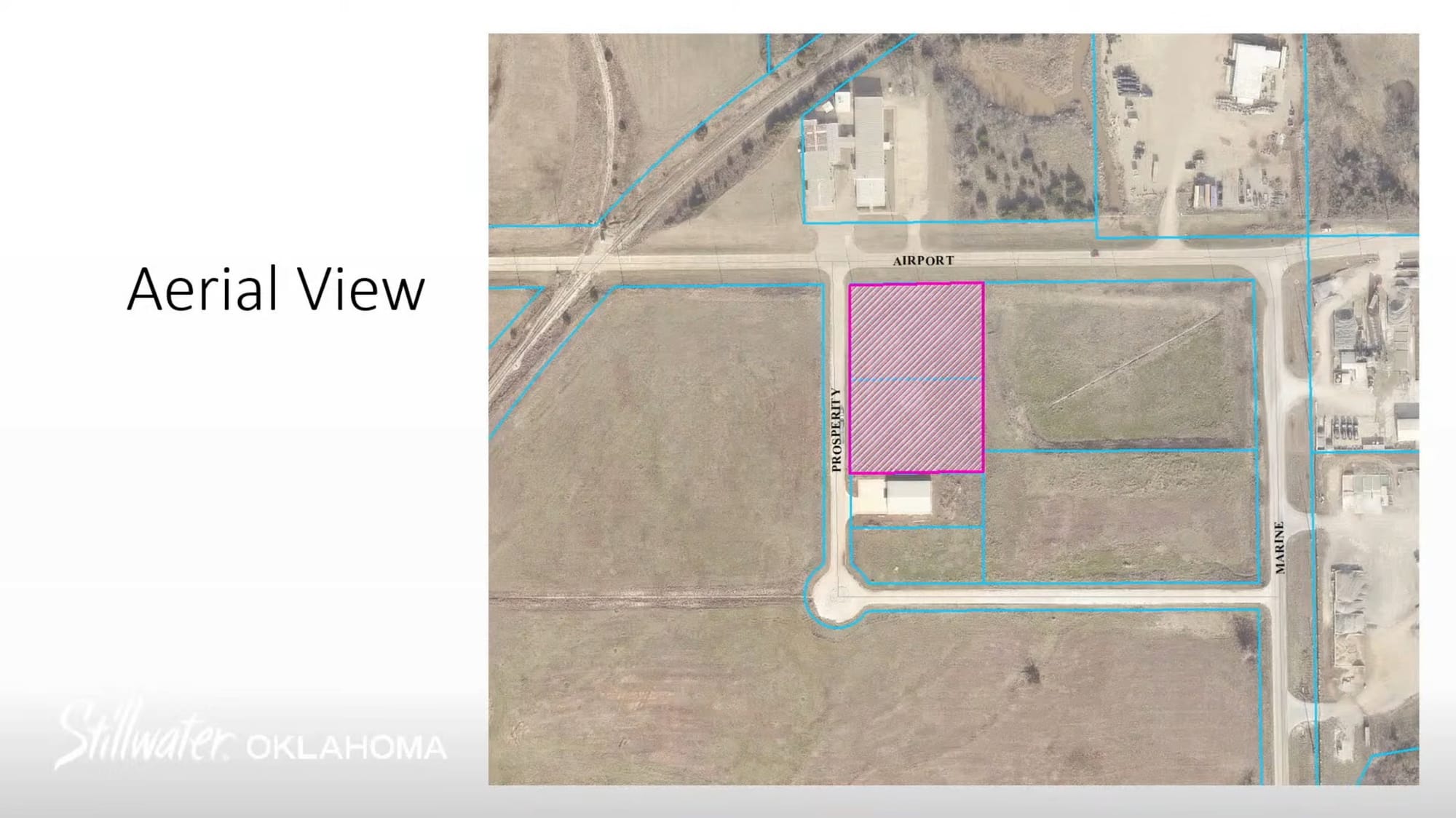 Aerial view of the two North Prosperity Lane parcels proposed for Meridian Technology Center rezoning, outlined in pink, near Airport Road in Stillwater's Commerce Park.