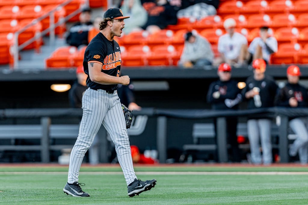 Oklahoma State pitcher Mario Pesca celebrates on the mound during the Cowboys' 11-3 win over Cincinnati at O'Brate Stadium.