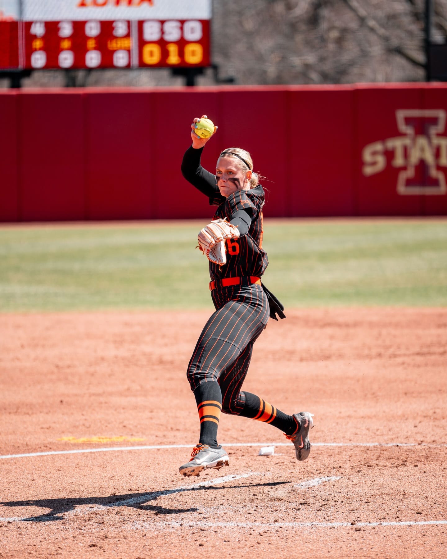OSU pitcher Ruby Meylan delivers to the plate during the Cowgirls' series at Iowa State in Ames, Iowa, April 10-12, 2025.