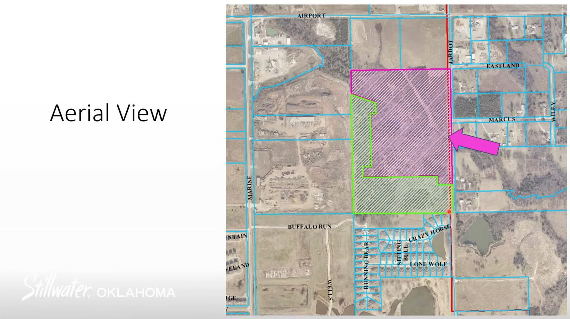 Aerial map of two North Jardot Road rezoning parcels — single-family in pink, multifamily in green — with industrial land to the west and White Barn Estates to the south.