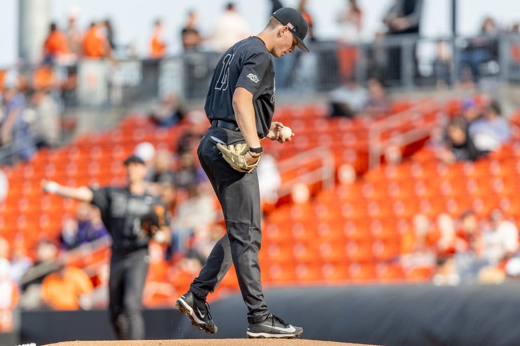 Oklahoma State left-hander Ethan Lund stands on the mound against TCU on May 1, 2026, at O'Brate Stadium. Lund struck out 10 in a 7-6 Cowboys series-opening win.