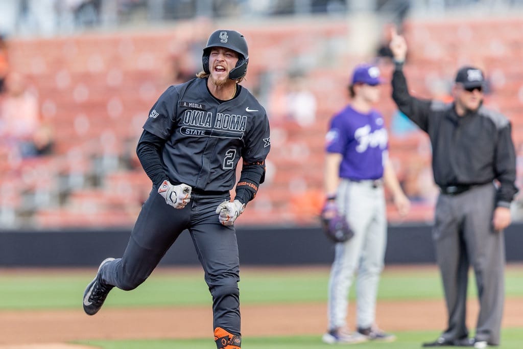 Oklahoma State third baseman Aidan Meola celebrates while rounding the bases against TCU on May 1, 2026, at O'Brate Stadium in Stillwater.