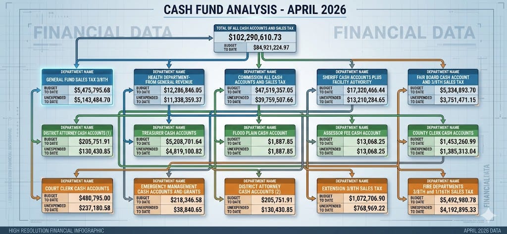 Payne County cash fund analysis flow chart for April 2026, showing total cash accounts and sales tax budget to date of $102.3 million with $84.9 million unexpended across department funds.