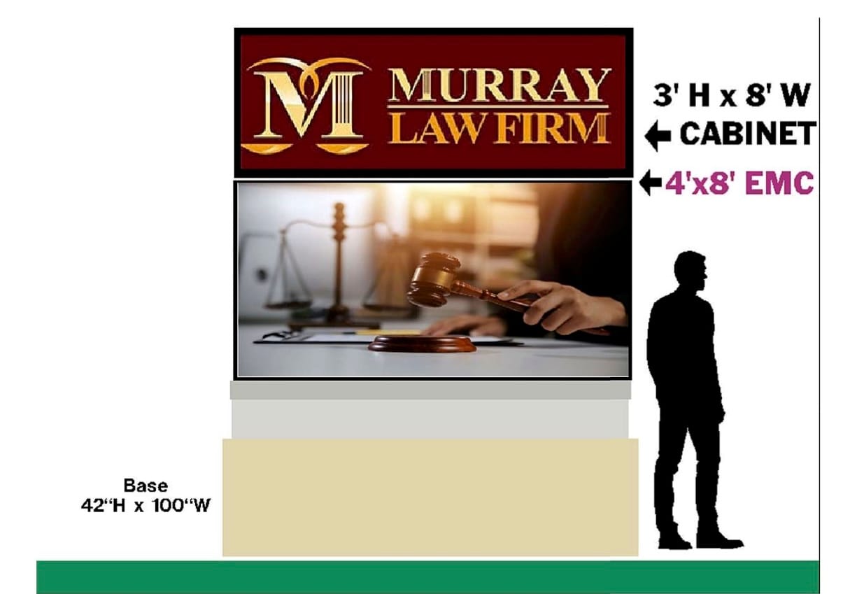 Rendering of proposed Murray Law Firm monument sign at 311 S. Duck St. showing a 3-by-8-foot cabinet above a 4-by-8-foot LED electronic message center panel.