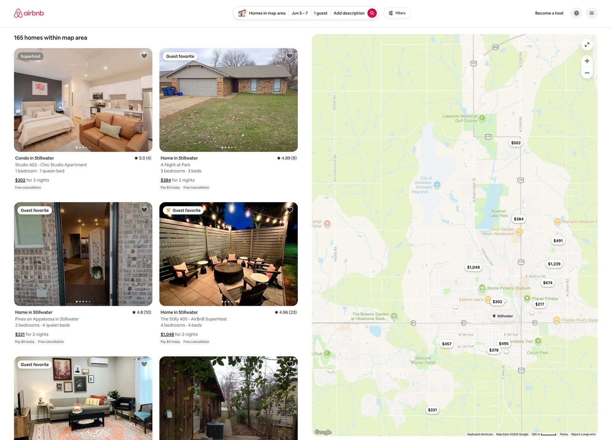 Airbnb search results showing 165 Stillwater-area short-term rental listings available for early June, with nightly rates ranging from $217 to $1,048.