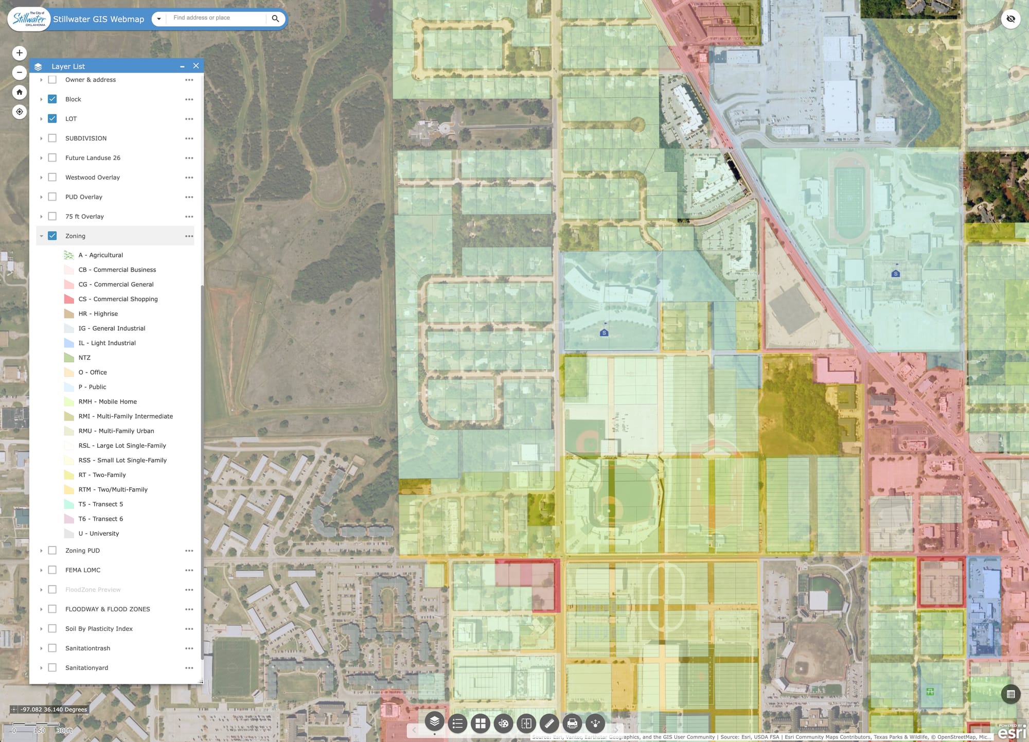 Stillwater GIS Webmap with Block, Lot, and Zoning layers showing the Washington Heights neighborhood in RSL zoning northwest of OSU's athletic facilities.