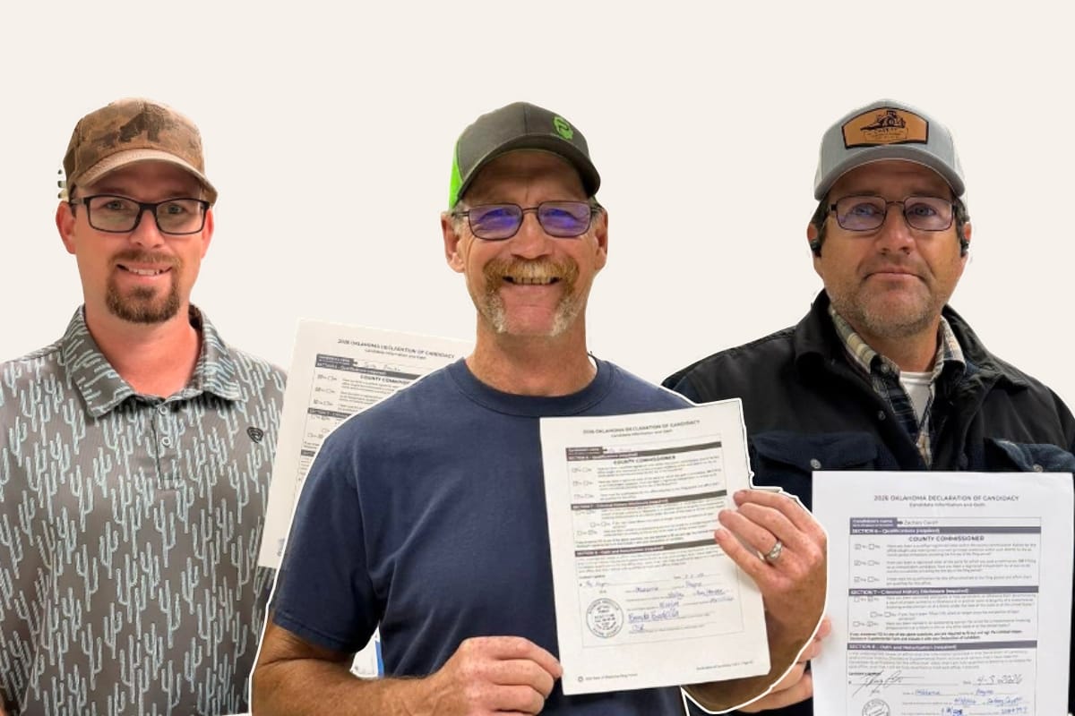 From left, Jacob Presuhn, Ray Harper and Zachary Cavett, the three Republican candidates for Payne County Commissioner, District 1, hold their 2026 declarations of candidacy.