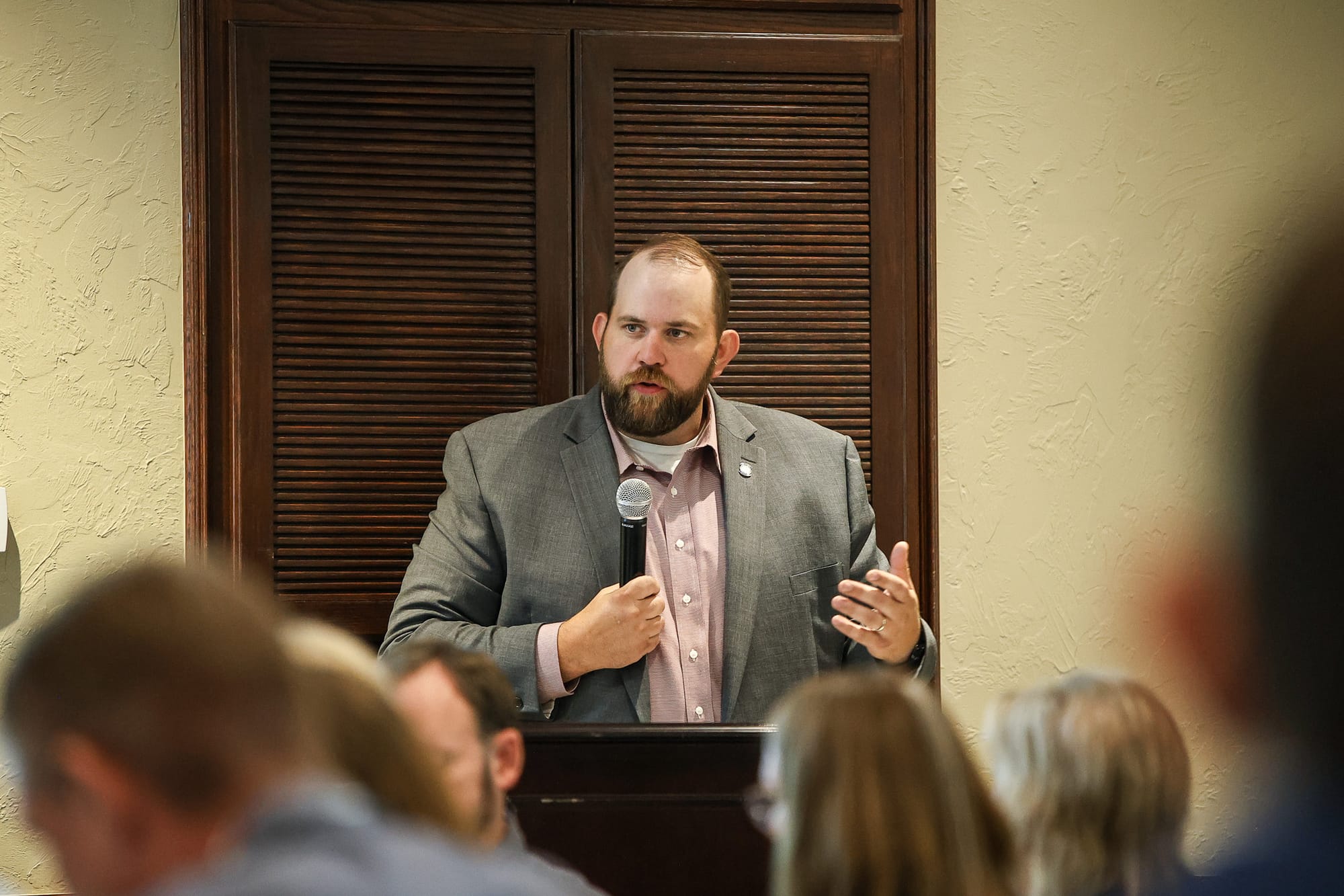 Rep. Dillon Travis speaks at the Stillwater Chamber of Commerce legislative luncheon on June 12, 2026, in Stillwater.