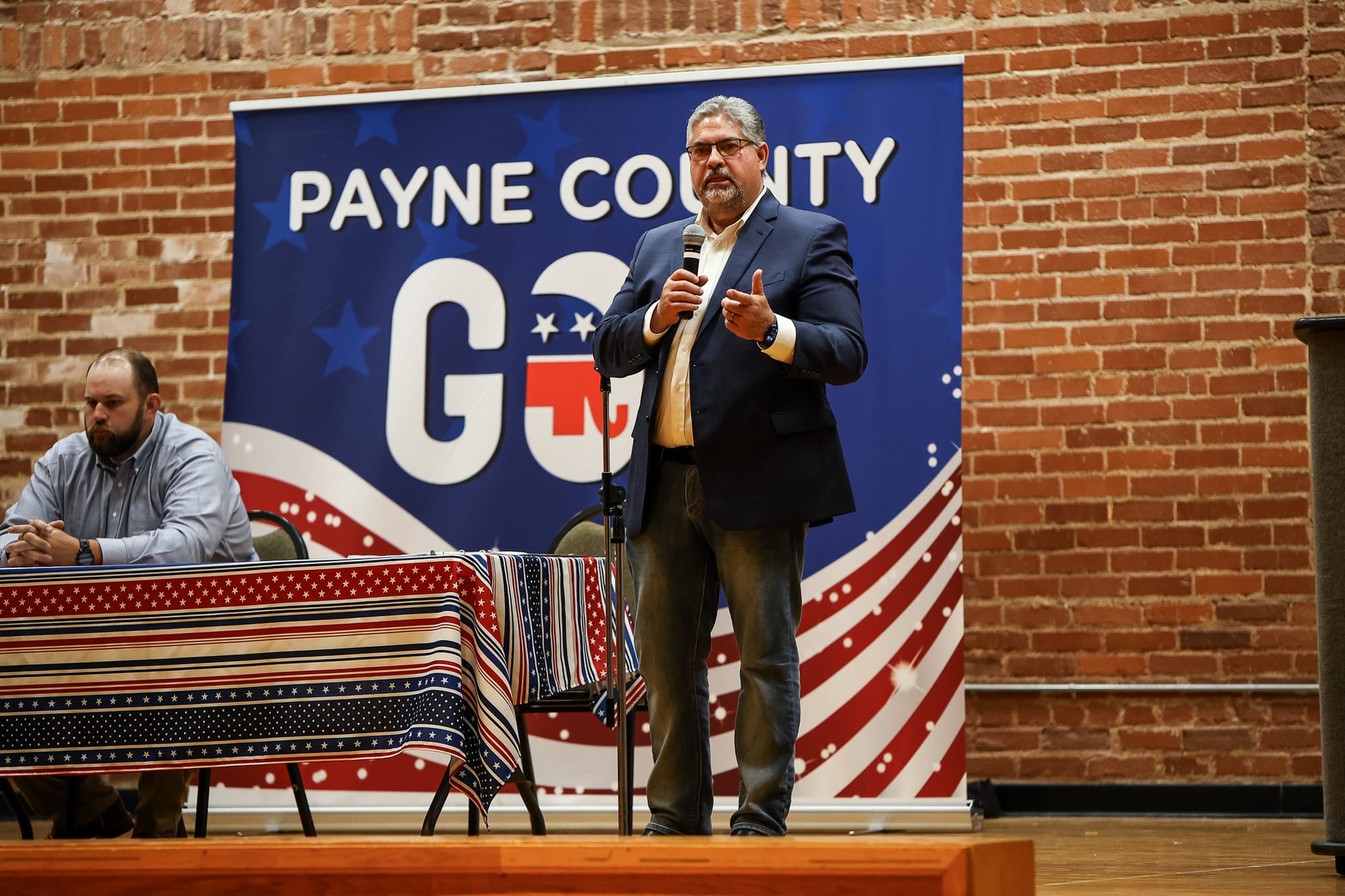 Kevin Wright addresses the crowd at the Payne County GOP candidate forum on June 11, 2026, at the Stillwater Community Center in Stillwater.
