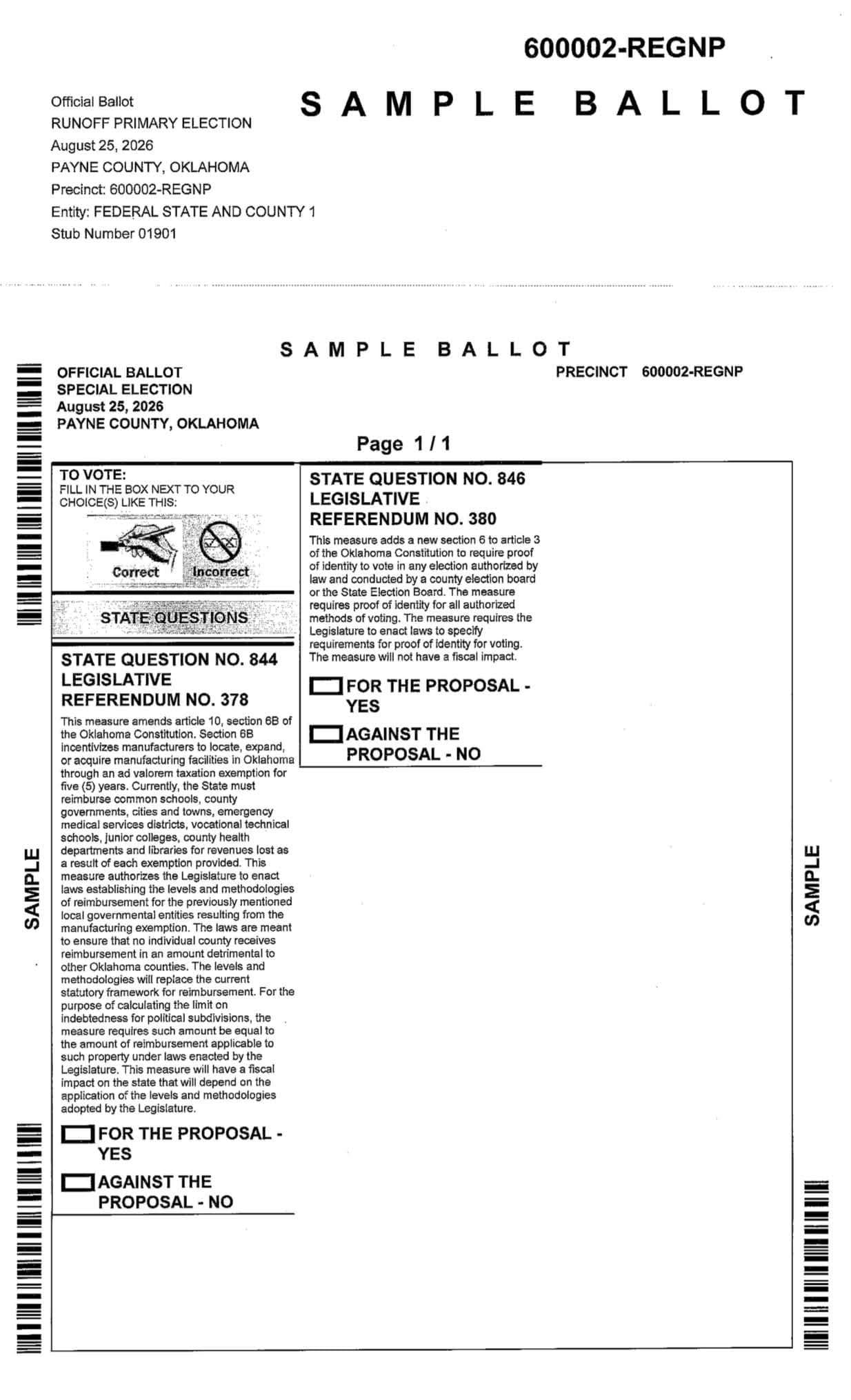 Sample Oklahoma ballot page showing State Question 844 on manufacturing tax exemption reimbursement and State Question 846 on the voter identification constitutional amendment.