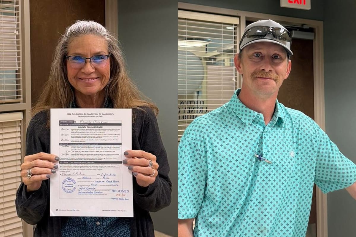 From left, Rhonda Markum and Clayton Estus, the two Republican candidates for Payne County Commissioner, District 3. Markum holds her 2026 declaration of candidacy.