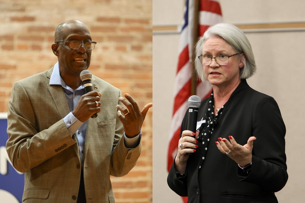 From left, Aaron Means and Trish Ranson, the two candidates for Oklahoma House District 34 in the Nov. 3, 2026, general election, each speaking into a handheld microphone.