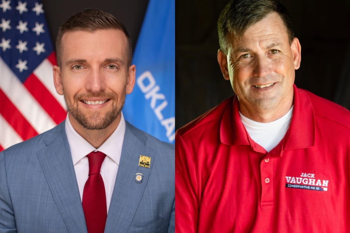 Side-by-side headshots of Jim Shaw, a man with brown hair and beard in a gray suit and red tie in front of U.S. and Oklahoma flags, and Jack Vaughan, a man in a red campaign polo shirt.