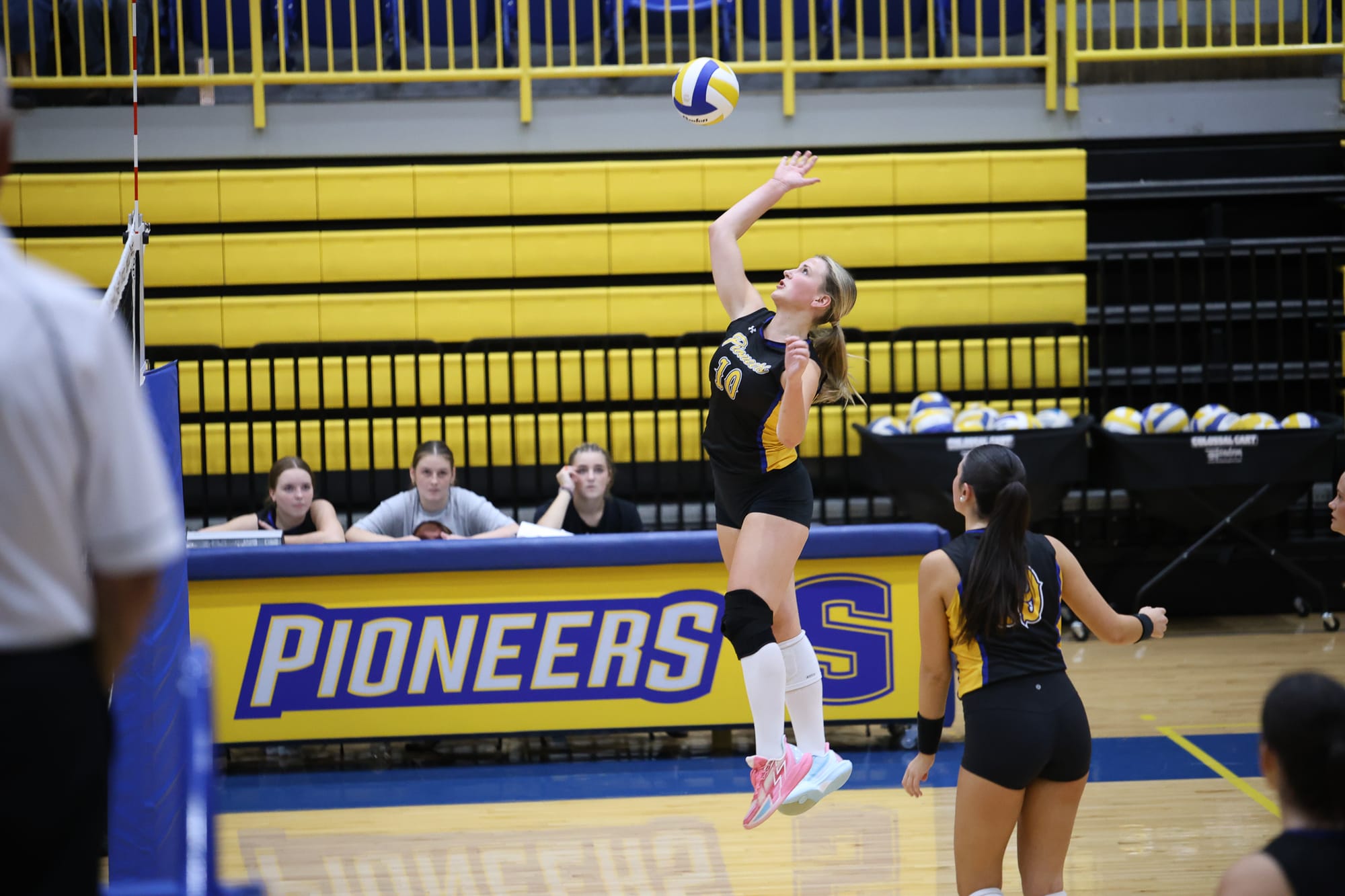 Stillwater middle blocker Lydia Matlock leaps to attack the ball against Sapulpa on Oct. 1, 2026, at Pioneer Fieldhouse in Stillwater.