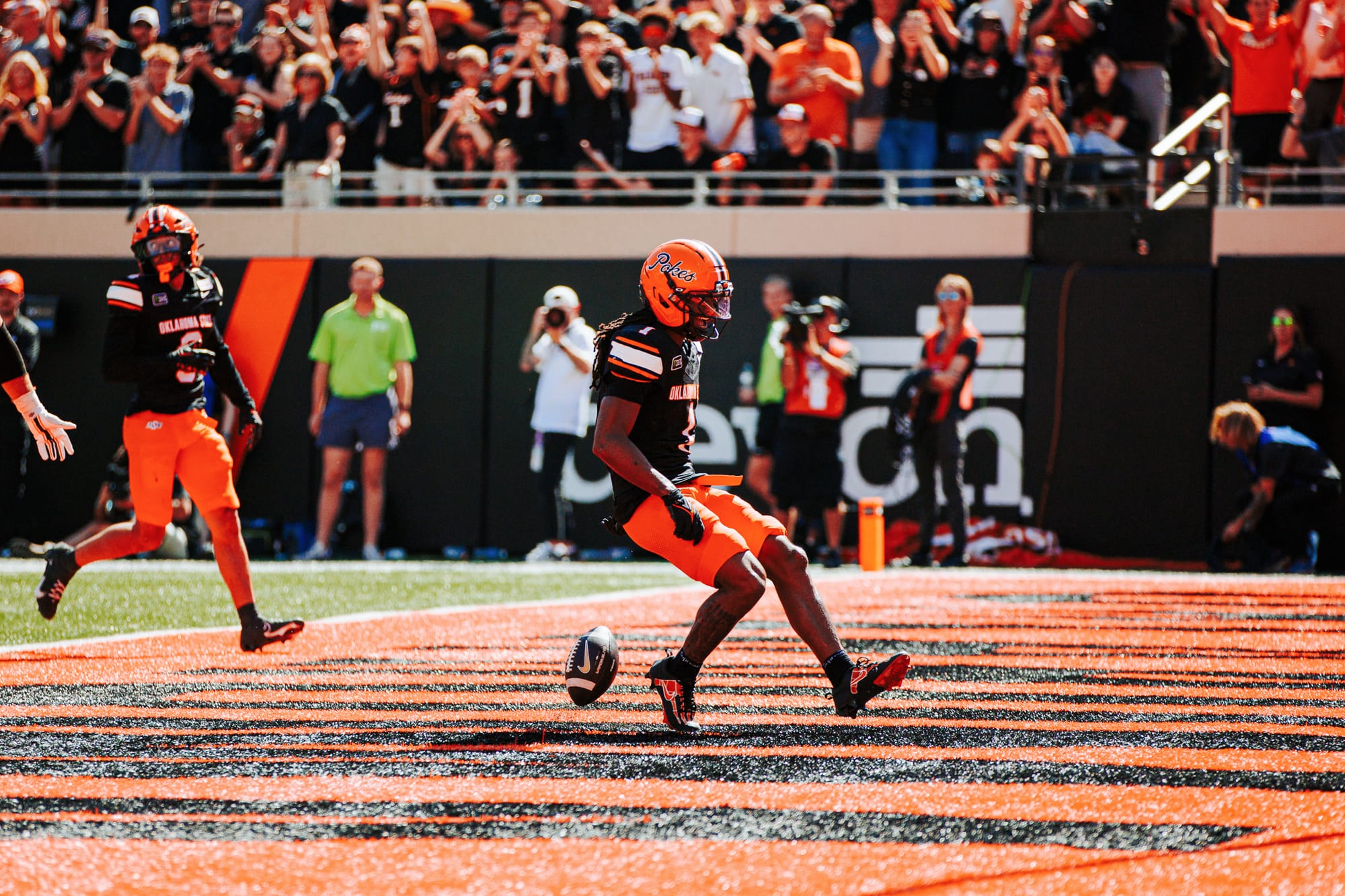 OSU safety Evan Jackson drops the ball in the end zone after his fumble return touchdown against UCF on Oct. 10, 2026, at Boone Pickens Stadium in Stillwater.