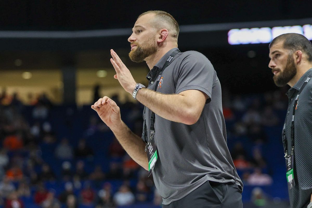 Cowboys in firm control of team race through first day of Big 12 Wrestling Championships