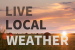 Live Local Weather text over photo of sunset with hale bales in front of horizon
